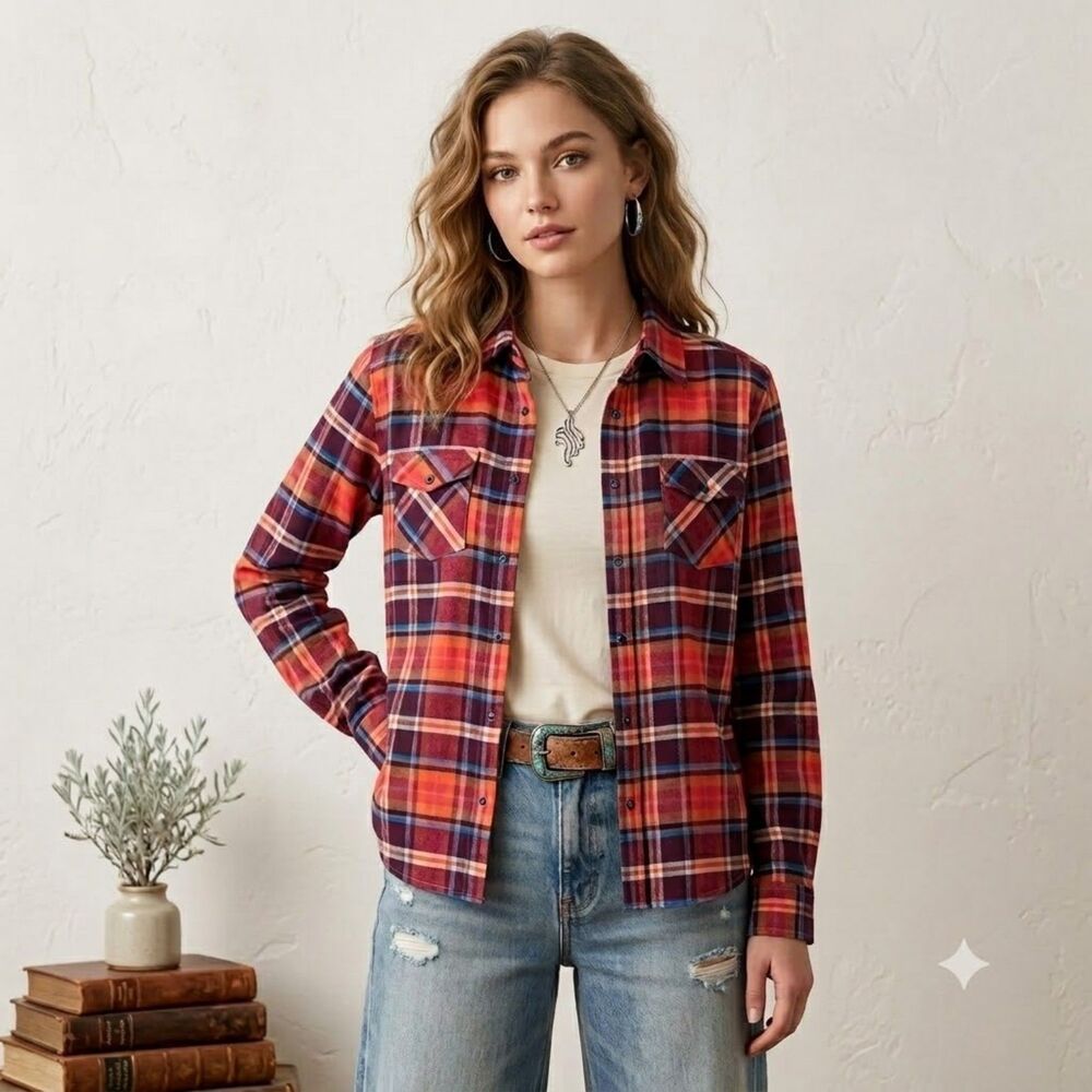 Kasota Rose Cotton Long Sleeve Flannel Shirt Corals Coastal Cowgirl SZ XXL